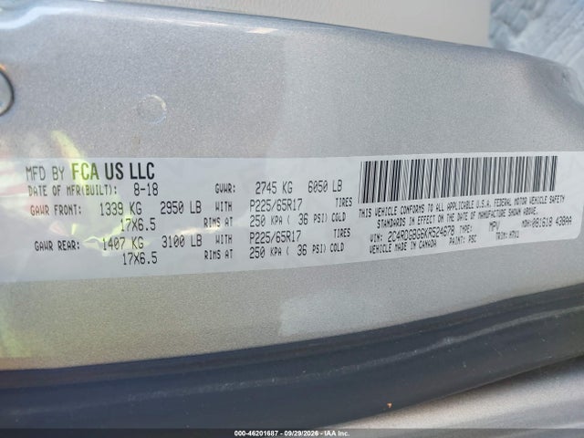 Auction sale of the 2019 Dodge Grand Caravan Se, vin: 2C4RDGBG6KR524678, lot number: 46201687