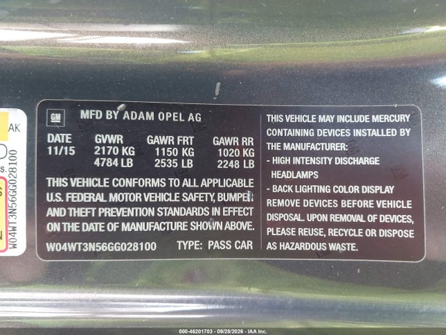 Продаж на аукціоні авто 2016 Buick Cascada Premium, vin: W04WT3N56GG028100, номер лоту: 46201703