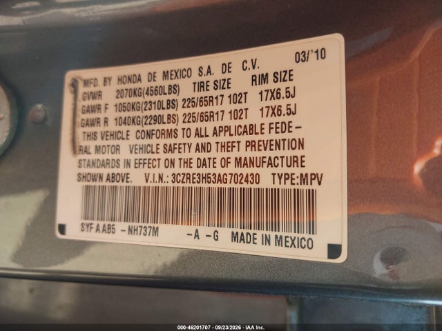 Aukcja sprzedaży 2010 Honda Cr-v Ex, vin: 3CZRE3H53AG702430, numer aukcji: 46201707
