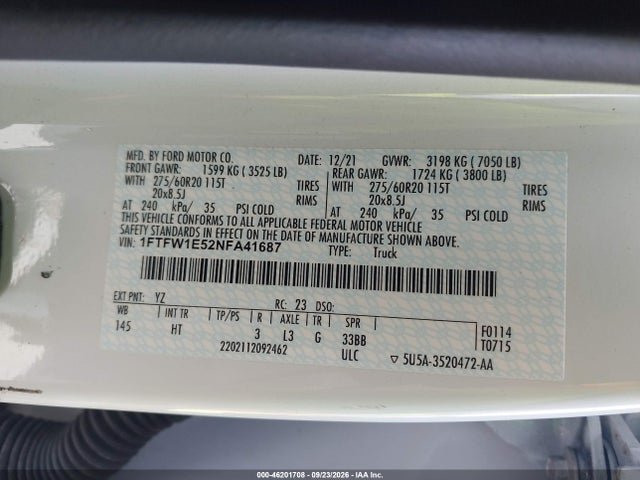 2022 Ford F-150 Lariat მანქანა იყიდება აუქციონზე, vin: 1FTFW1E52NFA41687, აუქციონის ნომერი: 46201708