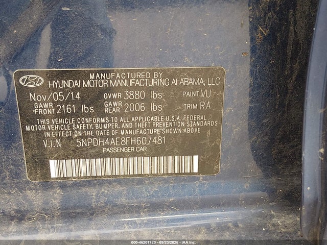46201720 :رقم المزاد ، 5NPDH4AE8FH607481 vin ، 2015 Hyundai Elantra Se مزاد بيع