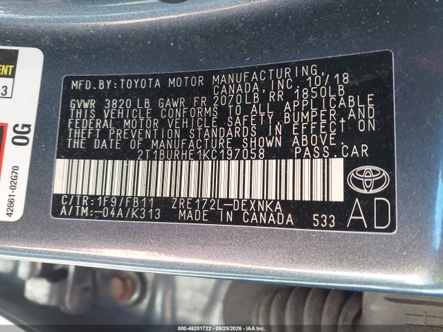 Продажа на аукционе авто 2019 Toyota Corolla Le, vin: 2T1BURHE1KC197058, номер лота: 46201722