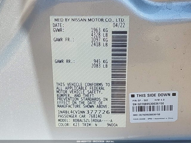 Продаж на аукціоні авто 2022 Nissan Altima Sr Fwd, vin: 1N4BL4CV1NN377726, номер лоту: 46201723