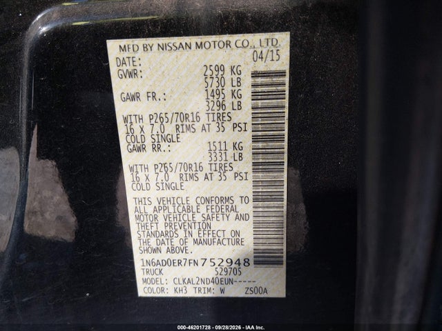 Продаж на аукціоні авто 2015 Nissan Frontier Sv, vin: 1N6AD0ER7FN752948, номер лоту: 46201728