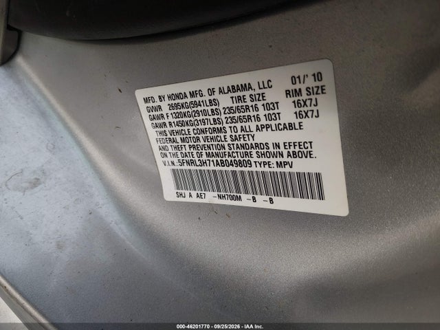Aukcja sprzedaży 2010 Honda Odyssey Ex-l, vin: 5FNRL3H71AB049809, numer aukcji: 46201770