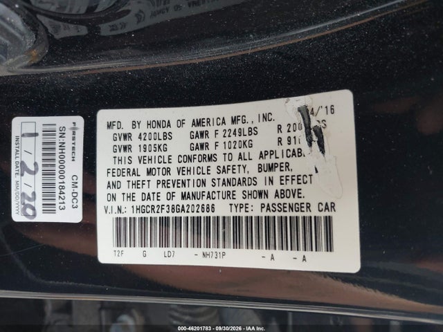 46201783 :رقم المزاد ، 1HGCR2F38GA202686 vin ، 2016 Honda Accord Lx مزاد بيع