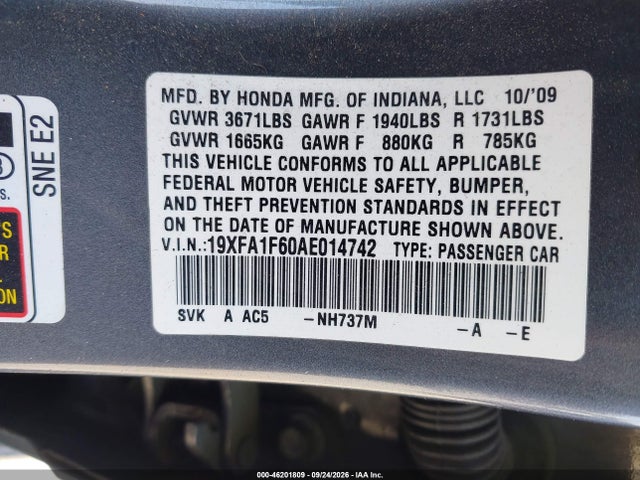 46201809 :رقم المزاد ، 19XFA1F60AE014742 vin ، 2010 Honda Civic Lx-s مزاد بيع