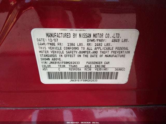 Продаж на аукціоні авто 2008 Infiniti G35x, vin: JNKBV61F58M262633, номер лоту: 46201821