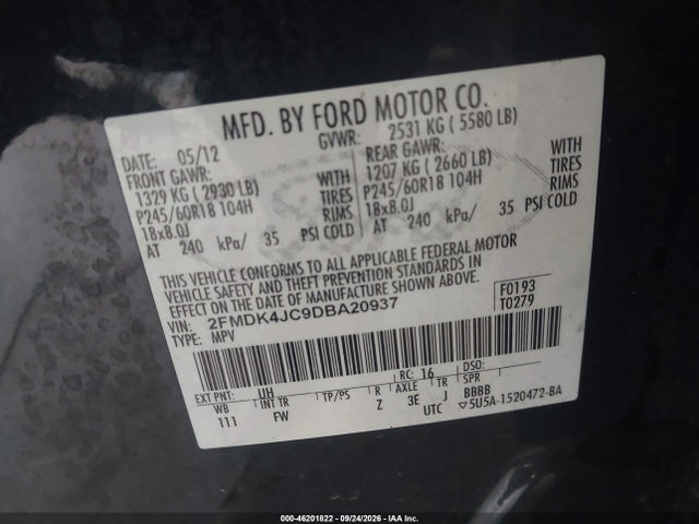 Продажа на аукционе авто 2013 Ford Edge Sel, vin: 2FMDK4JC9DBA20937, номер лота: 46201822