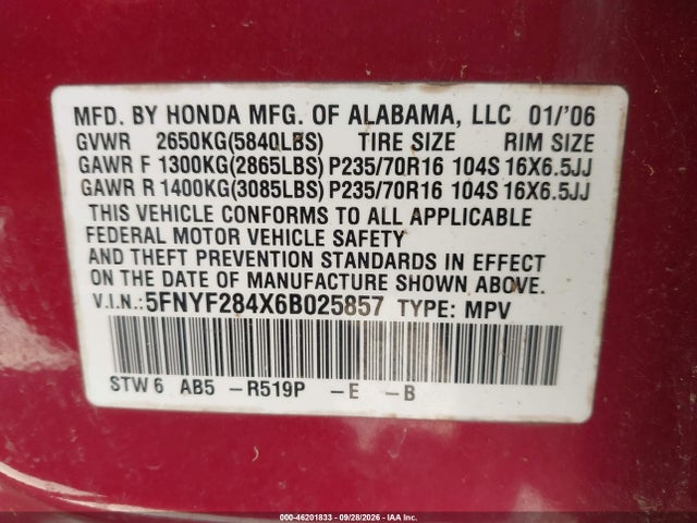 Продажа на аукционе авто 2006 Honda Pilot Ex, vin: 5FNYF284X6B025857, номер лота: 46201833