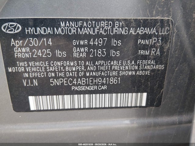 46201839 :رقم المزاد ، 5NPEC4AB1EH941861 vin ، 2014 Hyundai Sonata Se مزاد بيع