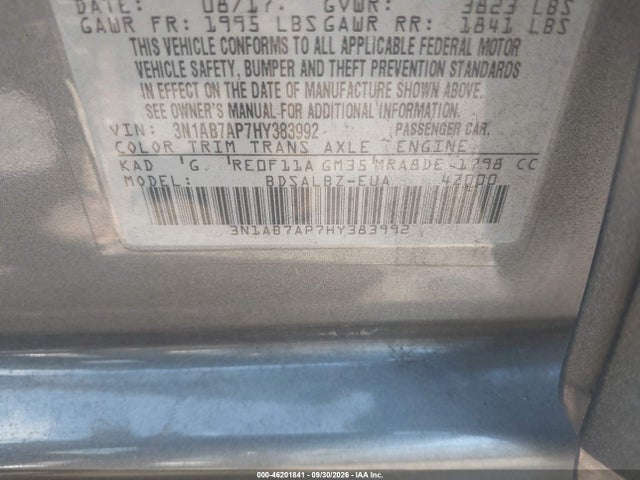 2017 Nissan Sentra S მანქანა იყიდება აუქციონზე, vin: 3N1AB7AP7HY383992, აუქციონის ნომერი: 46201841
