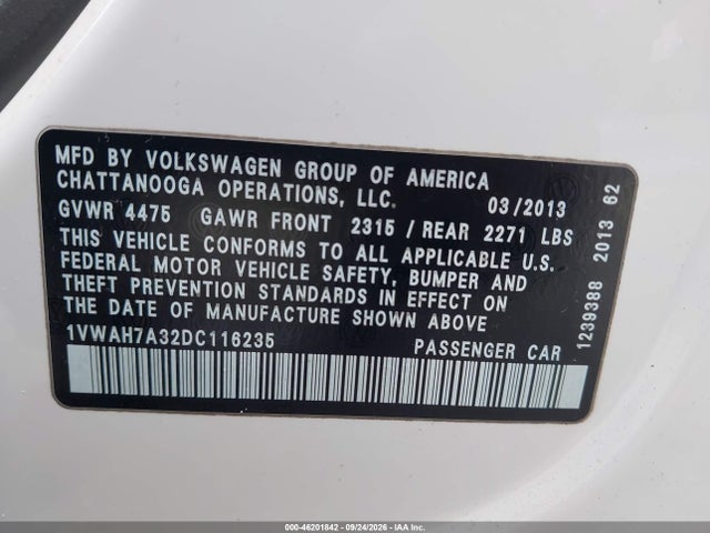 46201842 :رقم المزاد ، 1VWAH7A32DC116235 vin ، 2013 Volkswagen Passat 2.5l S مزاد بيع
