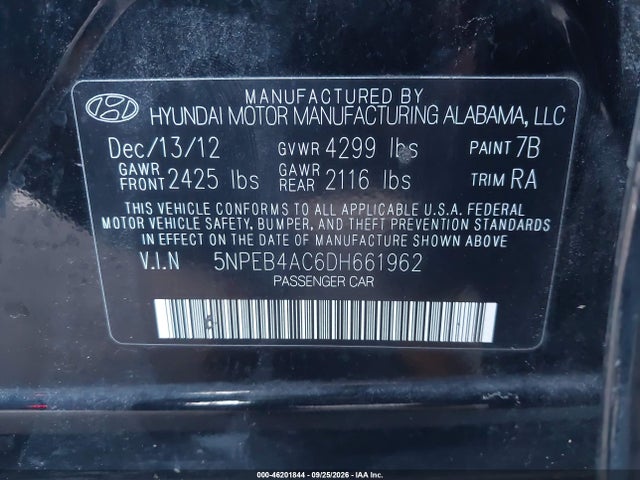 Aukcja sprzedaży 2013 Hyundai Sonata Gls, vin: 5NPEB4AC6DH661962, numer aukcji: 46201844
