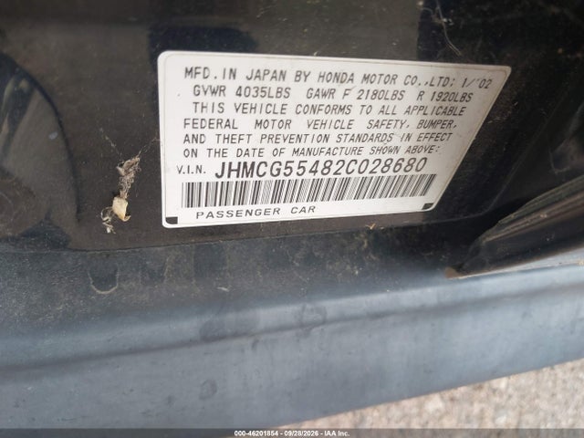 2002 Honda Accord Sdn Lx მანქანა იყიდება აუქციონზე, vin: JHMCG55482C028680, აუქციონის ნომერი: 46201854
