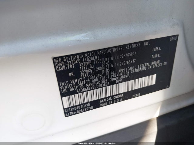46201856 :رقم المزاد ، 4T3R6RFV2LU003897 vin ، 2020 Toyota Rav4 Hybrid Xle مزاد بيع