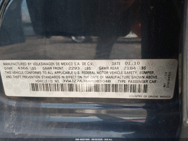 46201855 :رقم المزاد ، 3VWJZ7AJ4AM083048 vin ، 2010 Volkswagen Jetta S مزاد بيع
