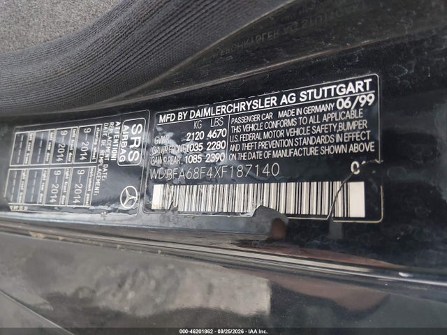 46201862 :رقم المزاد ، WDBFA68F4XF187140 vin ، 1999 Mercedes-benz Sl 500 مزاد بيع