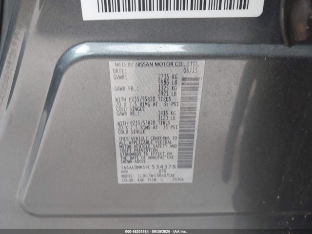 46201864 :رقم المزاد ، 5N1AL0MM5FC534378 vin ، 2015 Infiniti Qx60 مزاد بيع