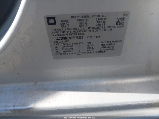 2015 Chevrolet Silverado 1500 Lt მანქანა იყიდება აუქციონზე, vin: 1GCVKREC0FZ175862, აუქციონის ნომერი: 46201880