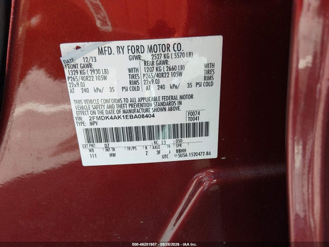 46201907 :رقم المزاد ، 2FMDK4AK1EBA08404 vin ، 2014 Ford Edge Sport مزاد بيع