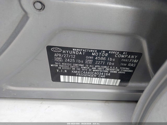 2012 Hyundai Sonata Hybrid მანქანა იყიდება აუქციონზე, vin: KMHEC4A40CA034164, აუქციონის ნომერი: 46201909