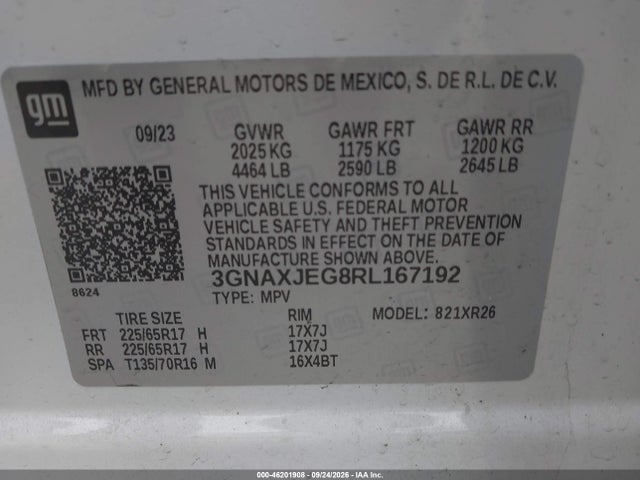 Aukcja sprzedaży 2024 Chevrolet Equinox Fwd 2fl, vin: 3GNAXJEG8RL167192, numer aukcji: 46201908