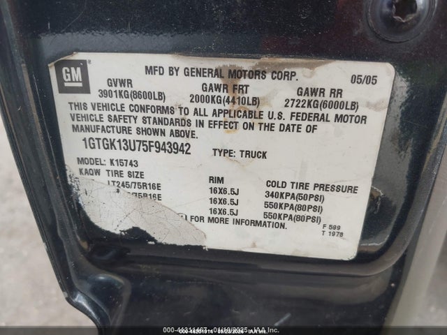 46201914 :رقم المزاد ، 1GTGK13U75F943942 vin ، 2005 Gmc Sierra 1500hd Slt مزاد بيع