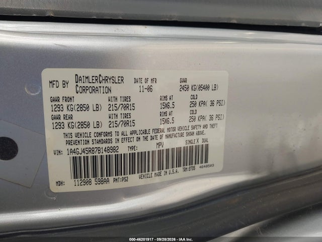 46201917 :رقم المزاد ، 1A4GJ45R87B148982 vin ، 2007 Chrysler Town & Country مزاد بيع