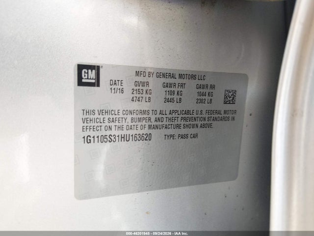 Aukcja sprzedaży 2017 Chevrolet Impala 1lt, vin: 1G1105S31HU163620, numer aukcji: 46201945