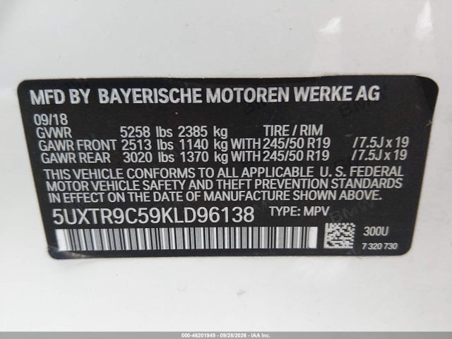 Aukcja sprzedaży 2019 Bmw X3 Xdrive30i, vin: 5UXTR9C59KLD96138, numer aukcji: 46201949