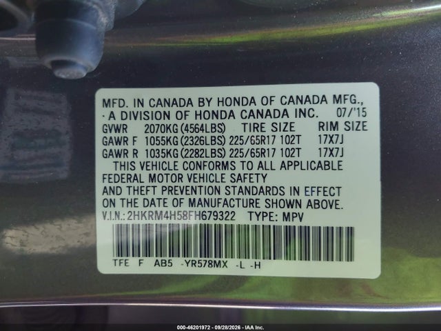 2015 Honda Cr-v Ex მანქანა იყიდება აუქციონზე, vin: 2HKRM4H58FH679322, აუქციონის ნომერი: 46201972