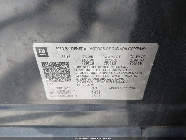 Aukcja sprzedaży 2019 Chevrolet Equinox Lt, vin: 2GNAXUEV2K6194401, numer aukcji: 46201984