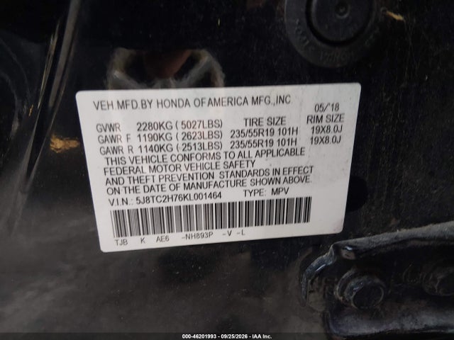2019 Acura Rdx Advance Package მანქანა იყიდება აუქციონზე, vin: 5J8TC2H76KL001464, აუქციონის ნომერი: 46201993
