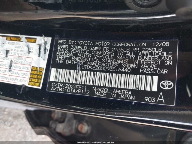 46202002 :رقم المزاد ، JTDKB20U293516440 vin ، 2009 Toyota Prius مزاد بيع