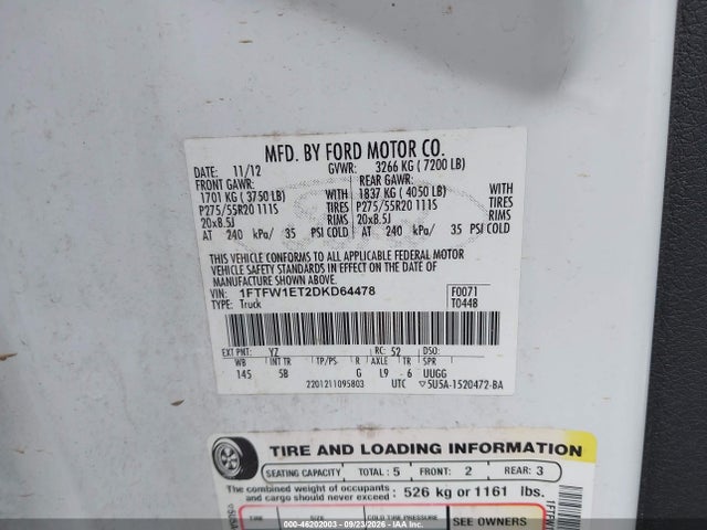 2013 Ford F-150 Fx4 მანქანა იყიდება აუქციონზე, vin: 1FTFW1ET2DKD64478, აუქციონის ნომერი: 46202003