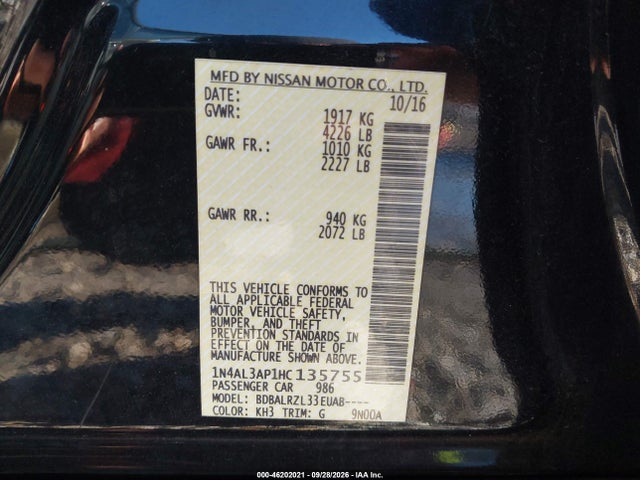 Aukcja sprzedaży 2017 Nissan Altima 2.5/2.5 S/2.5 Sl/2.5 Sr/2.5 Sv, vin: 1N4AL3AP1HC135755, numer aukcji: 46202021