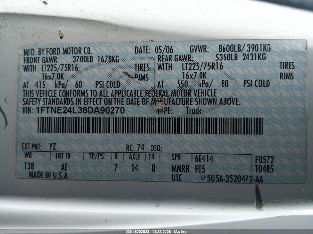 46202023 :رقم المزاد ، 1FTNE24L36DA90270 vin ، 2006 Ford E-250 Commercial/recreational مزاد بيع