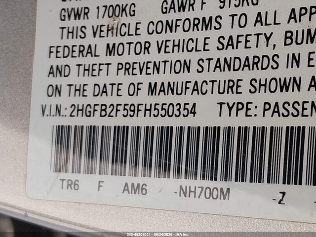Продаж на аукціоні авто 2015 Honda Civic Lx, vin: 2HGFB2F59FH550354, номер лоту: 46202031