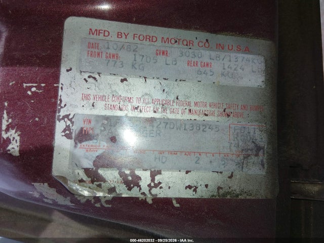 46202032 :رقم المزاد ، 1FABP1427DW138245 vin ، 1983 Ford Escort Gl مزاد بيع