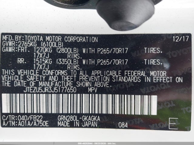 46202044 :رقم المزاد ، JTEZU5JR3J5177650 vin ، 2018 Toyota 4runner Sr5 مزاد بيع