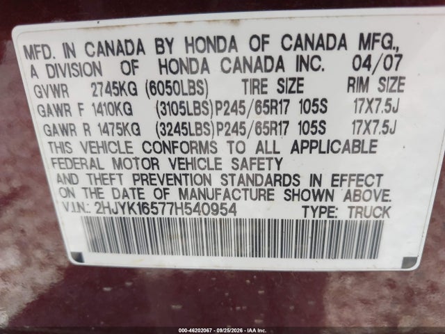 Aukcja sprzedaży 2007 Honda Ridgeline Rtl, vin: 2HJYK16577H540954, numer aukcji: 46202067
