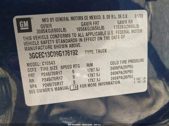 2009 Chevrolet Silverado 1500 Ls მანქანა იყიდება აუქციონზე, vin: 3GCEC13C09G176192, აუქციონის ნომერი: 46202083