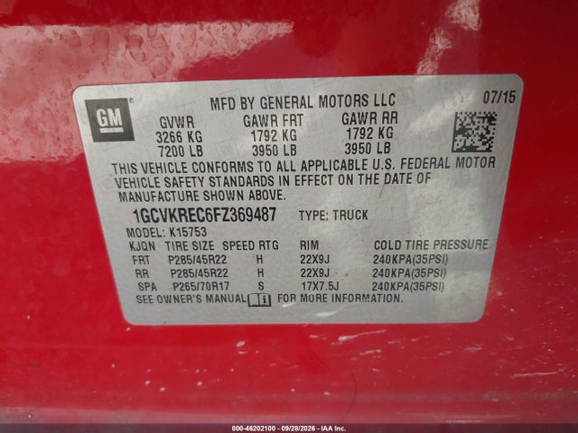 46202100 :رقم المزاد ، 1GCVKREC6FZ369487 vin ، 2015 Chevrolet Silverado 1500 Lt مزاد بيع
