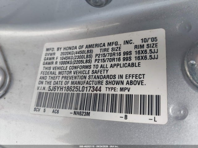 Продажа на аукционе авто 2005 Honda Element Ex, vin: 5J6YH18625L017344, номер лота: 46202115