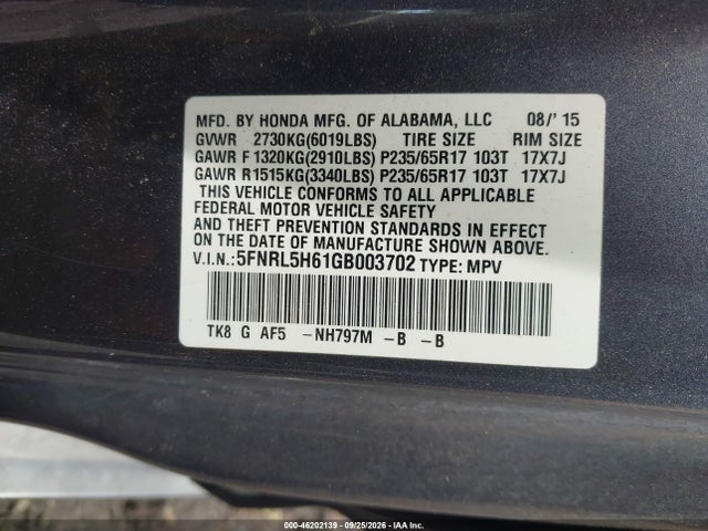 Продаж на аукціоні авто 2016 Honda Odyssey Ex-l, vin: 5FNRL5H61GB003702, номер лоту: 46202139