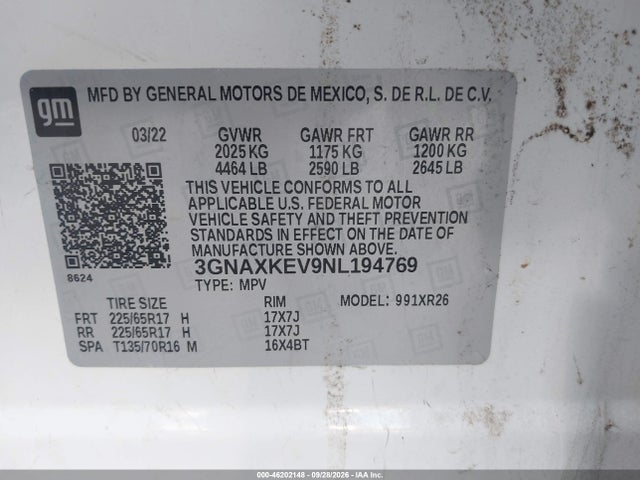 46202148 :رقم المزاد ، 3GNAXKEV9NL194769 vin ، 2022 Chevrolet Equinox Fwd Lt مزاد بيع