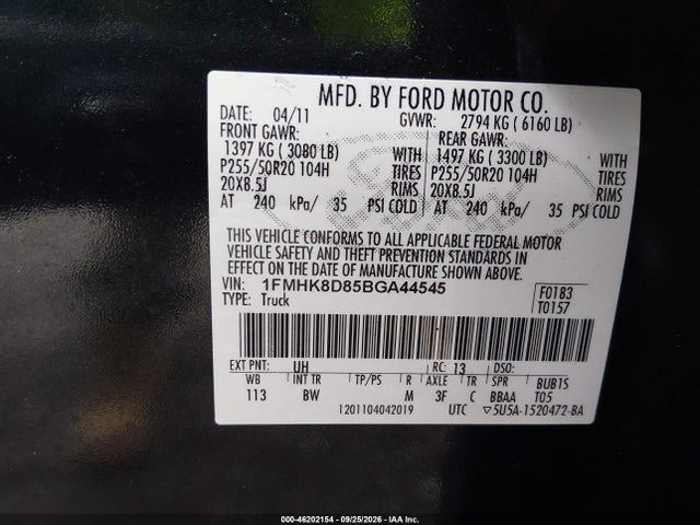 2011 Ford Explorer Xlt მანქანა იყიდება აუქციონზე, vin: 1FMHK8D85BGA44545, აუქციონის ნომერი: 46202154