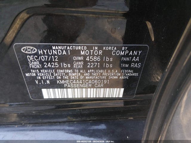 Продаж на аукціоні авто 2012 Hyundai Sonata Hybrid, vin: KMHEC4A41CA060191, номер лоту: 46202159