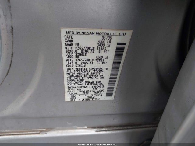 Продаж на аукціоні авто 2006 Nissan Armada Le, vin: 5N1AA08BX6N738063, номер лоту: 46202185